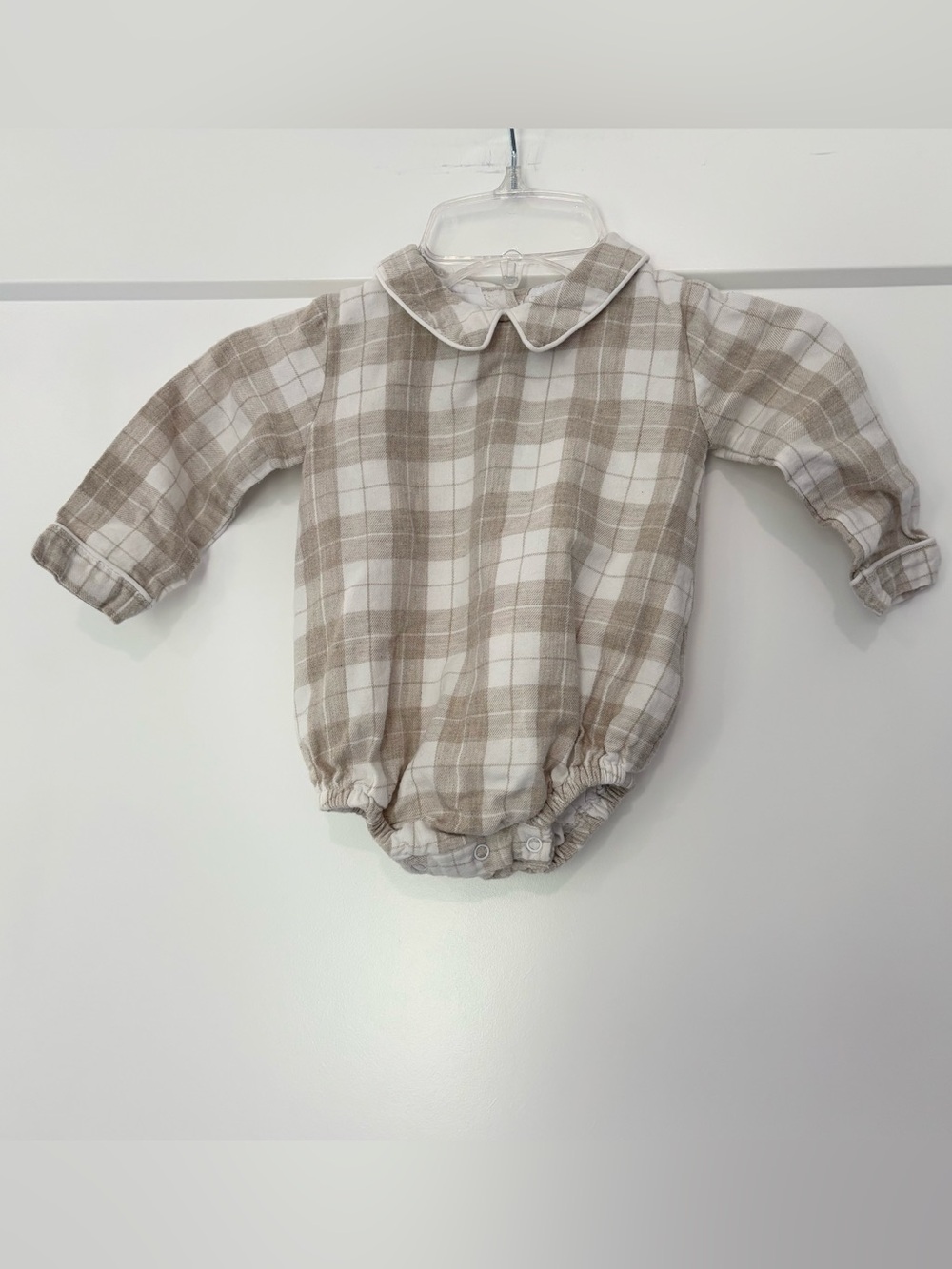 The Oaks Apparel Beige Tan and White Plaid Collared Bubble Romper 12 months